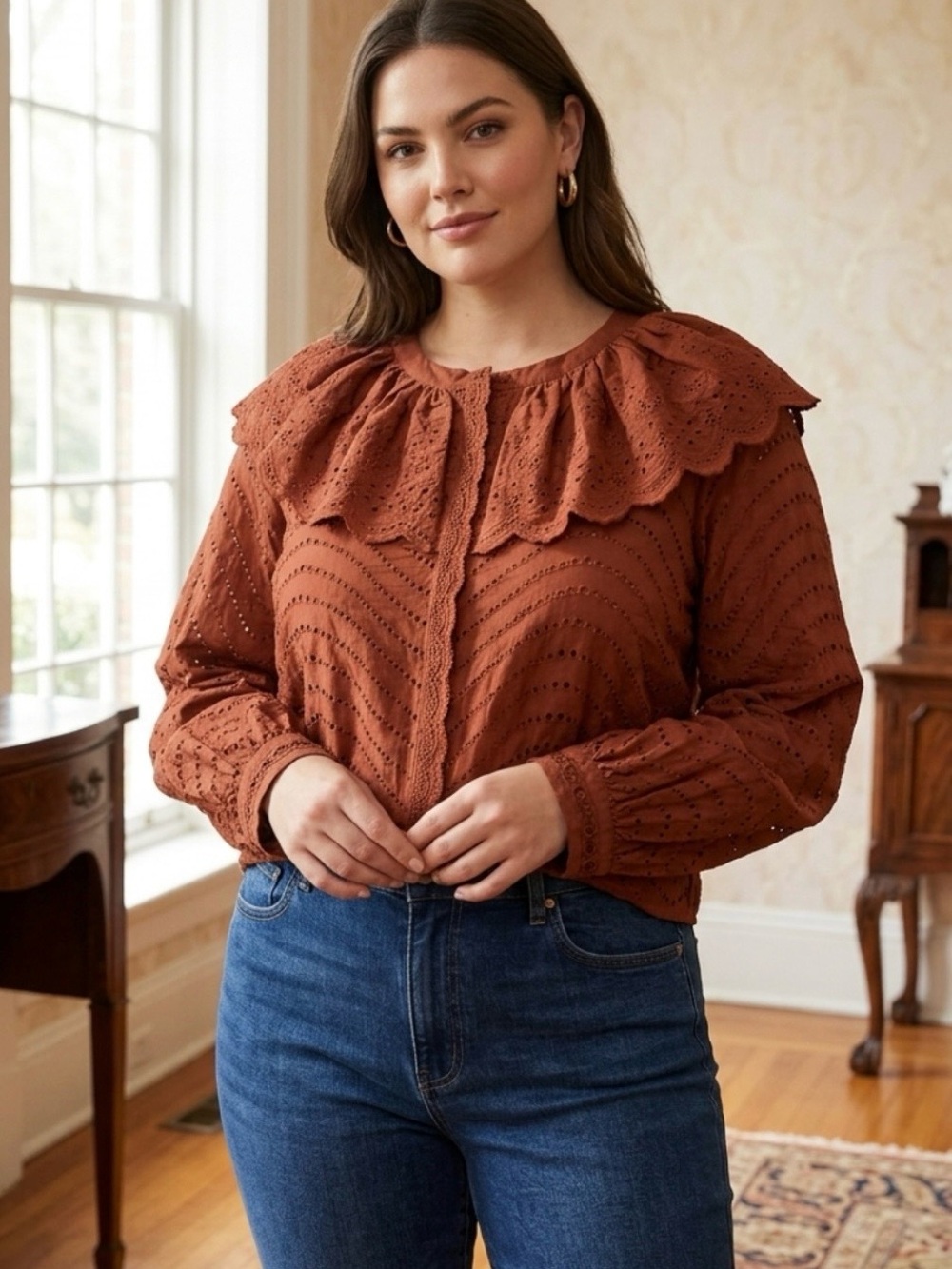 NWT Caroline Constas Rust Orange Eyelet Lace Ruffle Collar CBlouse Top size Larg